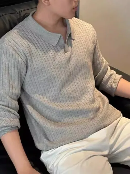 

Мужской вязаный свитер свободного кроя с круглым вырезом, однотонный, в полоску, дышащий, с воротником, удобный, из смесового полиэстера