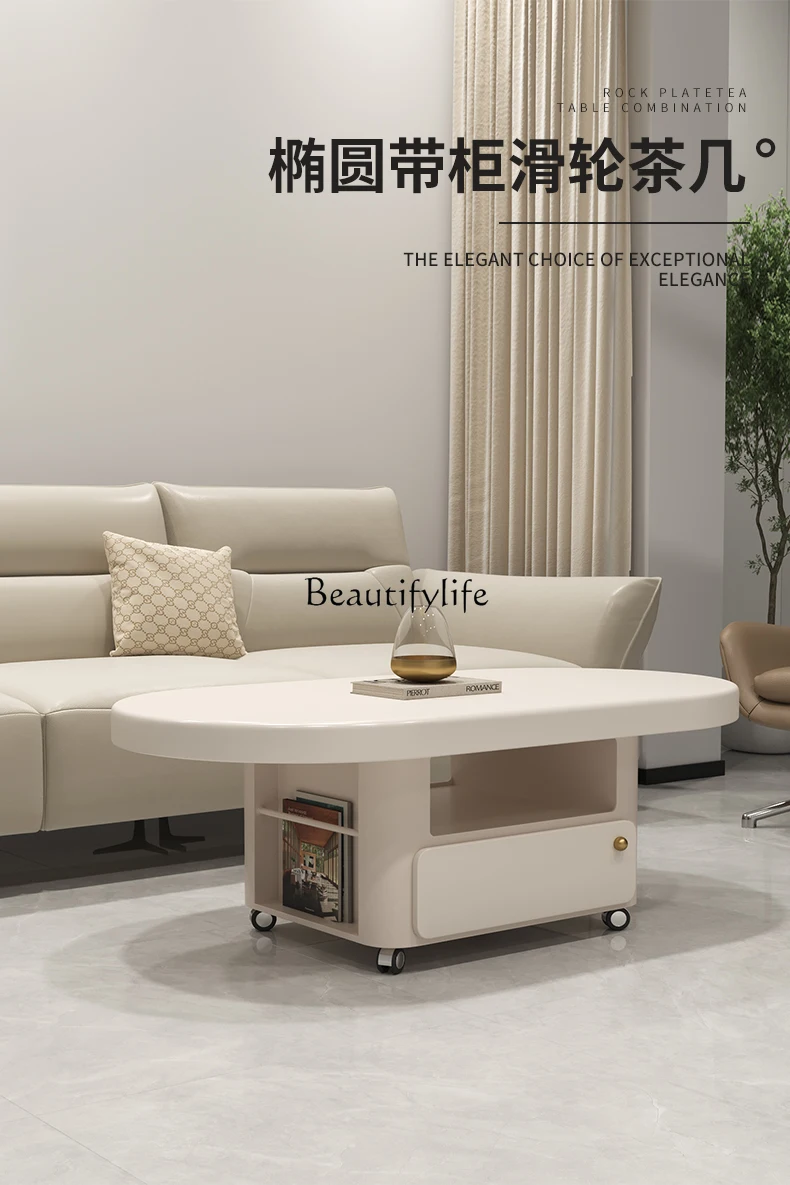 

yj7 Cream Style Solid Wood Coffee Table Small Trolley with Wheels Modern Living Room Home Movable