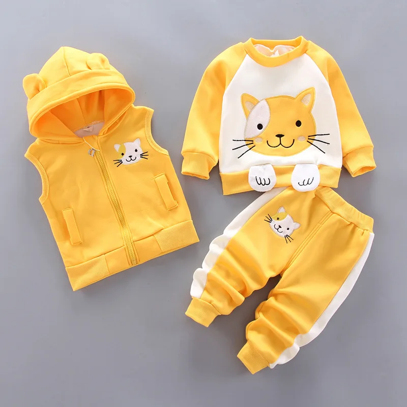 Baby Boys Clothes Sets Autumn Winter Thick Fleece Cartoon Hooded Vest Coat Pants 3Pcs Kids Casual Outfits Girls Warm Suit 0-4Y