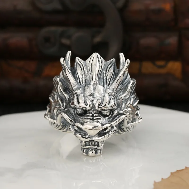 Original design 925 silver retro masculinity domineering twelve zodiac dragon head mens rings stereoscopic jewelry adjustable