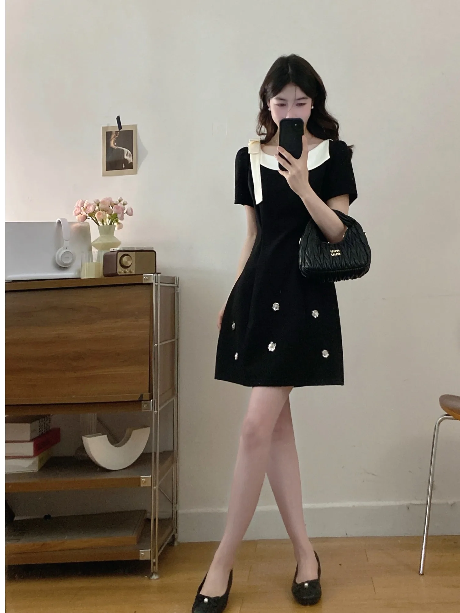 

plus Size Women's Summer A-Line Skirt Waist-Cinching Meat-Covering Korean Style Commute Bright Thread Short Sleeve Dress