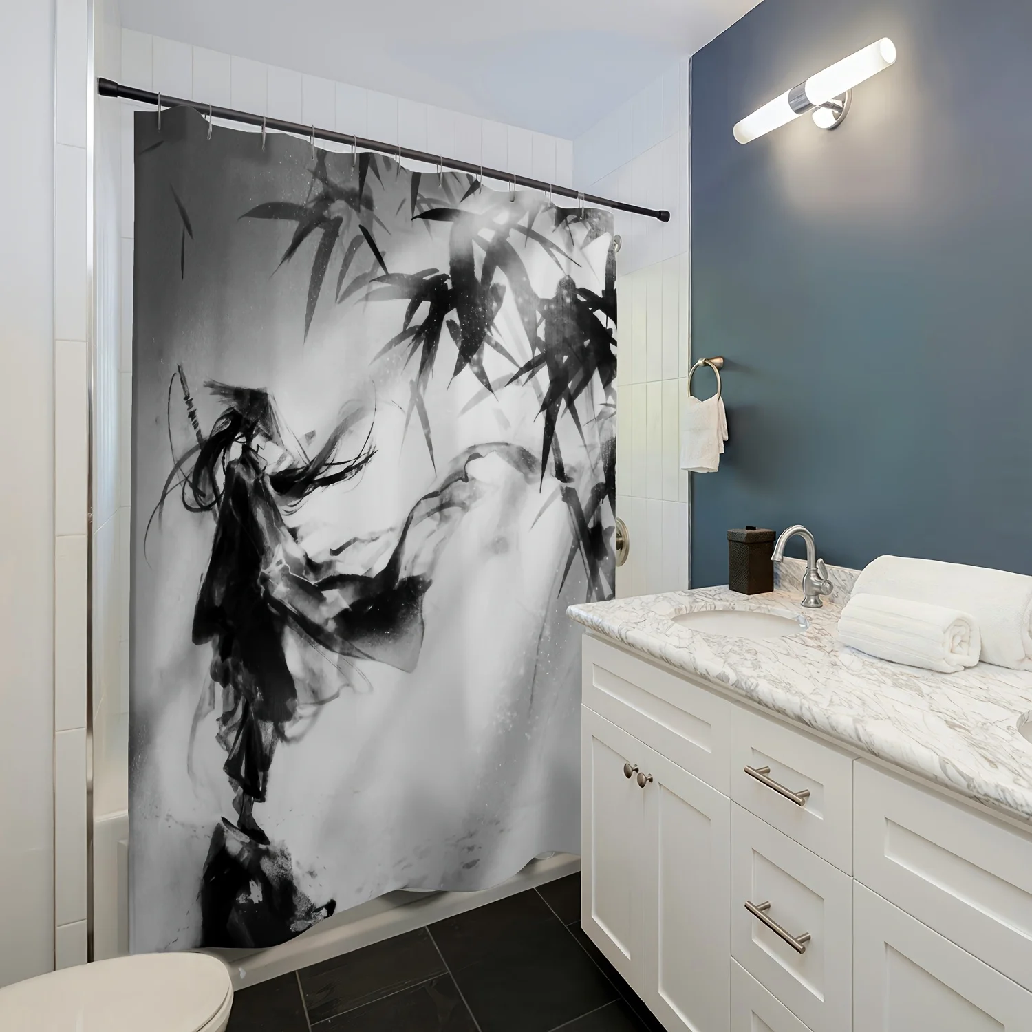 الخيزران فارس الحبر اللوحة نمط دش الستار الحمام ديكور المنزل الحرة هوك مادة البوليستر الطباعة من جانب واحد