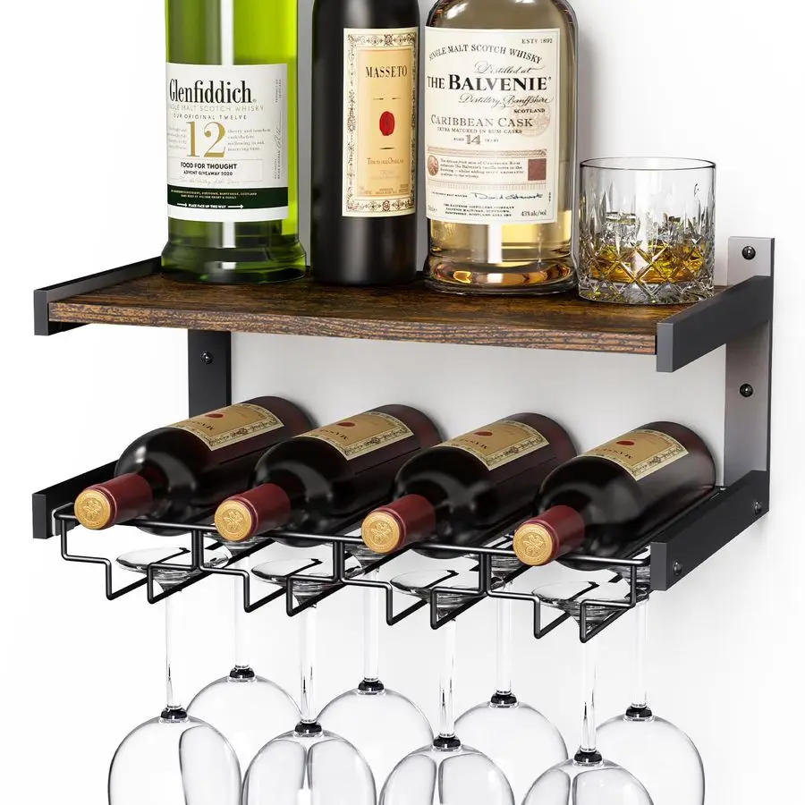 

Wine Rack Wall Mounted with Stemware Hanger, Wine Glass Holder Industrial, Glass Bottle Shelf for Wall, Floating Shelves with St