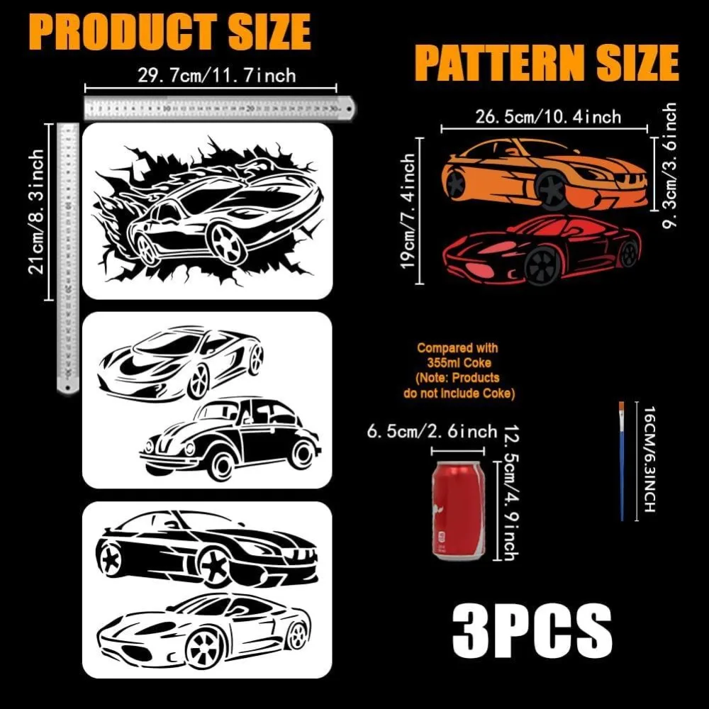 3 Pcs Sport Car Drawing Stencil with A Paint Brush 11.7x8.3inch Roadster Painting Template Car Racing Sedan DIY