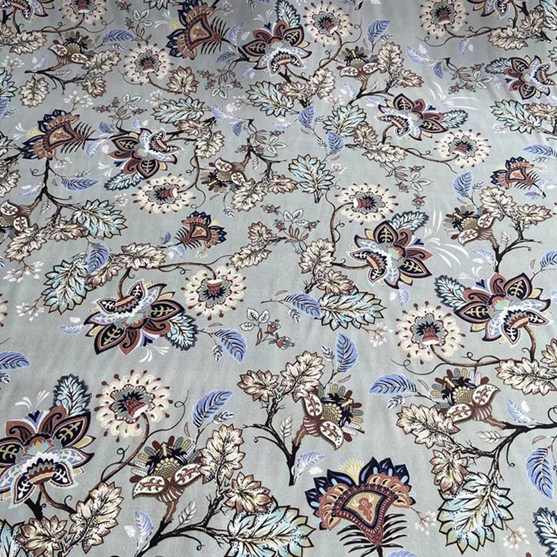 114CM Wide 16MM Floral Printed Grey Silk Crepe de Chine Fabric for DIY Sewing Summer Comfortable Dress Pants Pajamas C001-48