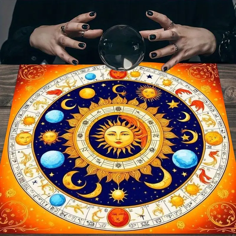 VIKAMA Retro Sun Moon Planet Yellow Path Star Wheel Tarot Tablecloth Ceremony Tarot Card Divination Table Mat Card deduction