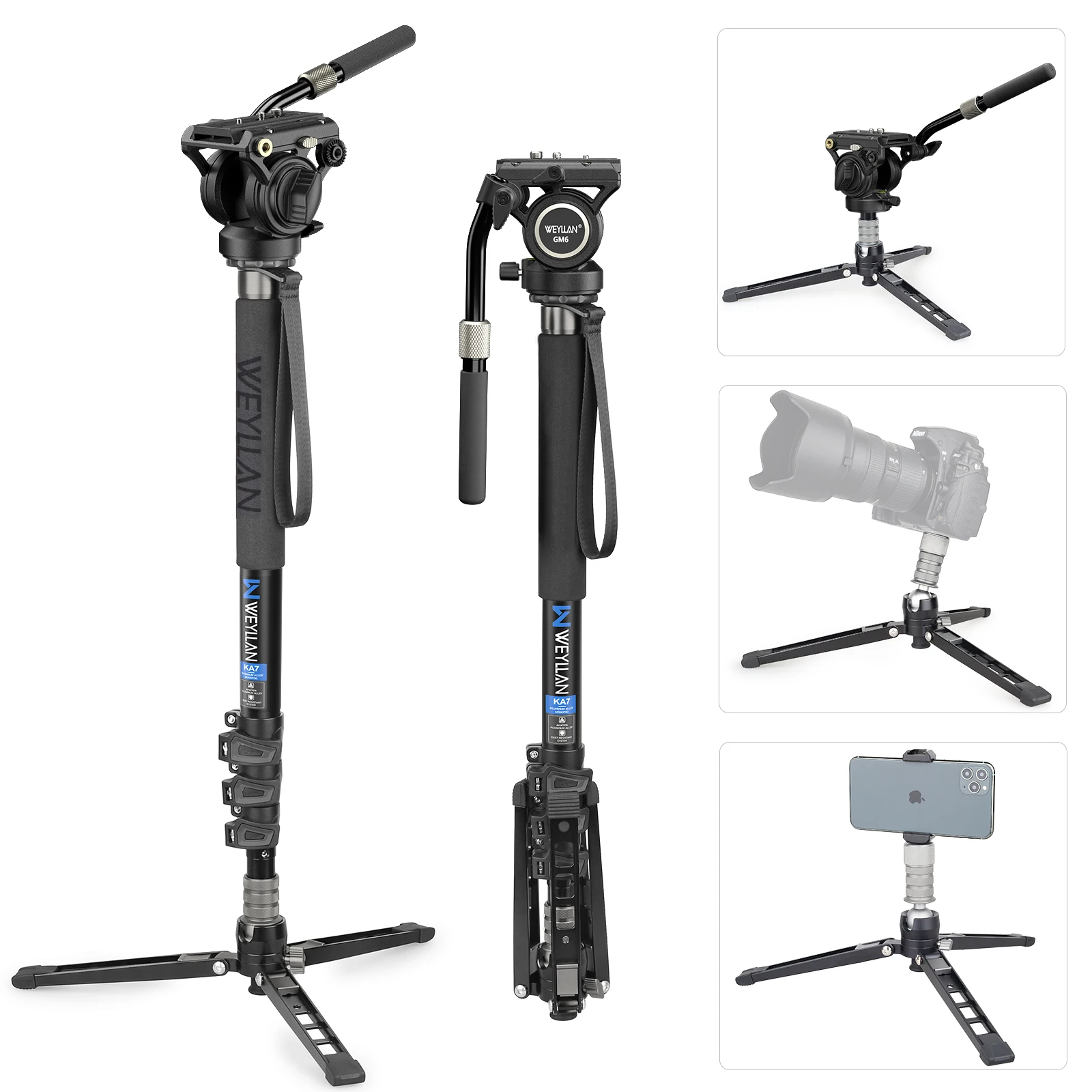 Weyllan High Quality All Aluminum Alloy Monopod with Fluid Head Tripod Base for Video Wedding Shooting Tabletop Hydraulic Tripod