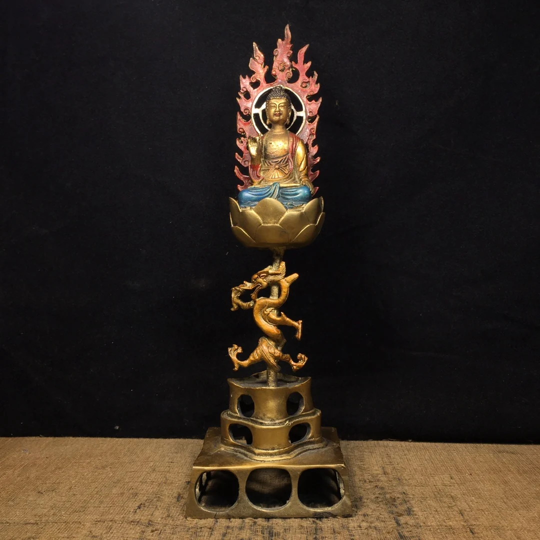 

12"Tibetan Temple Collection Old Bronze Painted flame dragon Buddha Terrace Shakyamuni Buddha worship hall Town house Exorcism