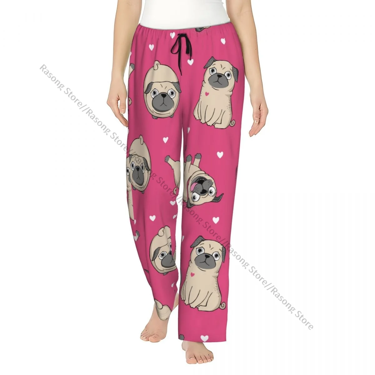 

Женские брюки для сна с мультяшными мопсами и белыми сердечками, теплые фланелевые брюки для отдыха для зимних ночей