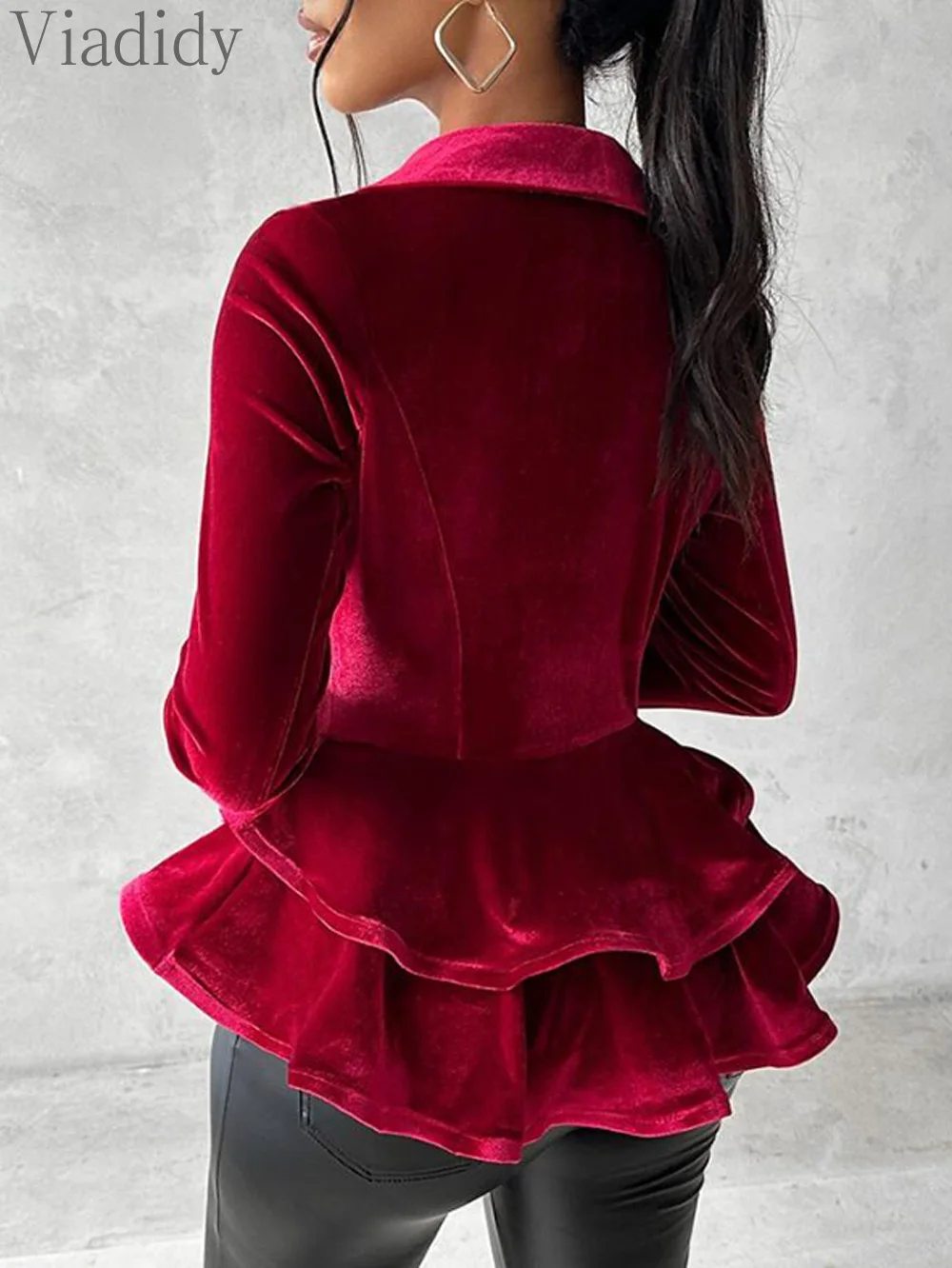 Women Casual Solid Color Double Breasted Velvet Ruffles Design Long Sleeve Blazer Coat