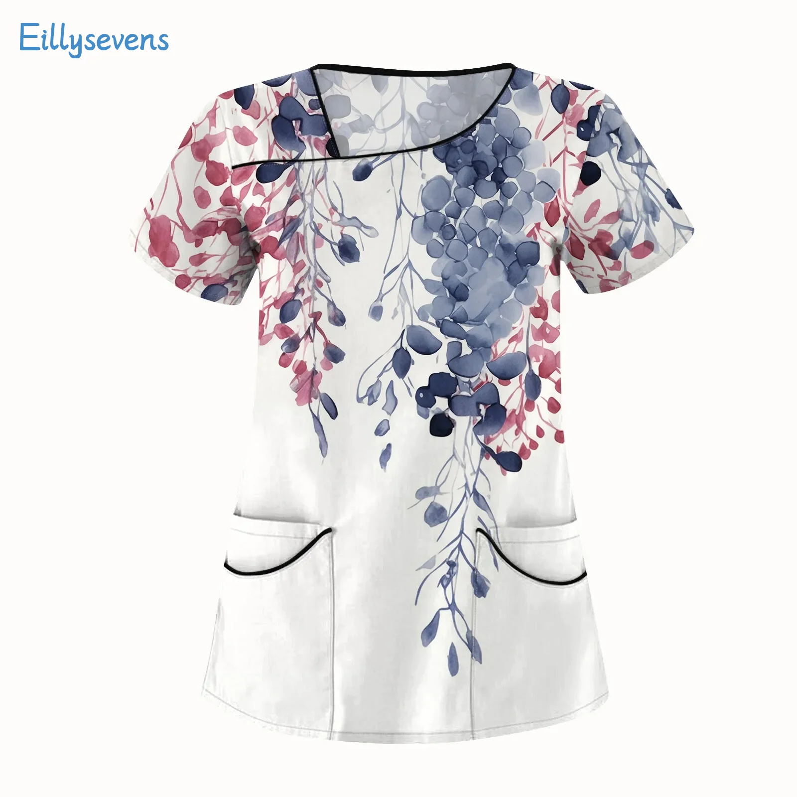 여성용 플라워 프린트 반팔 작업복 상의, 더블 포켓, 캐주얼 루즈핏 케어 상의