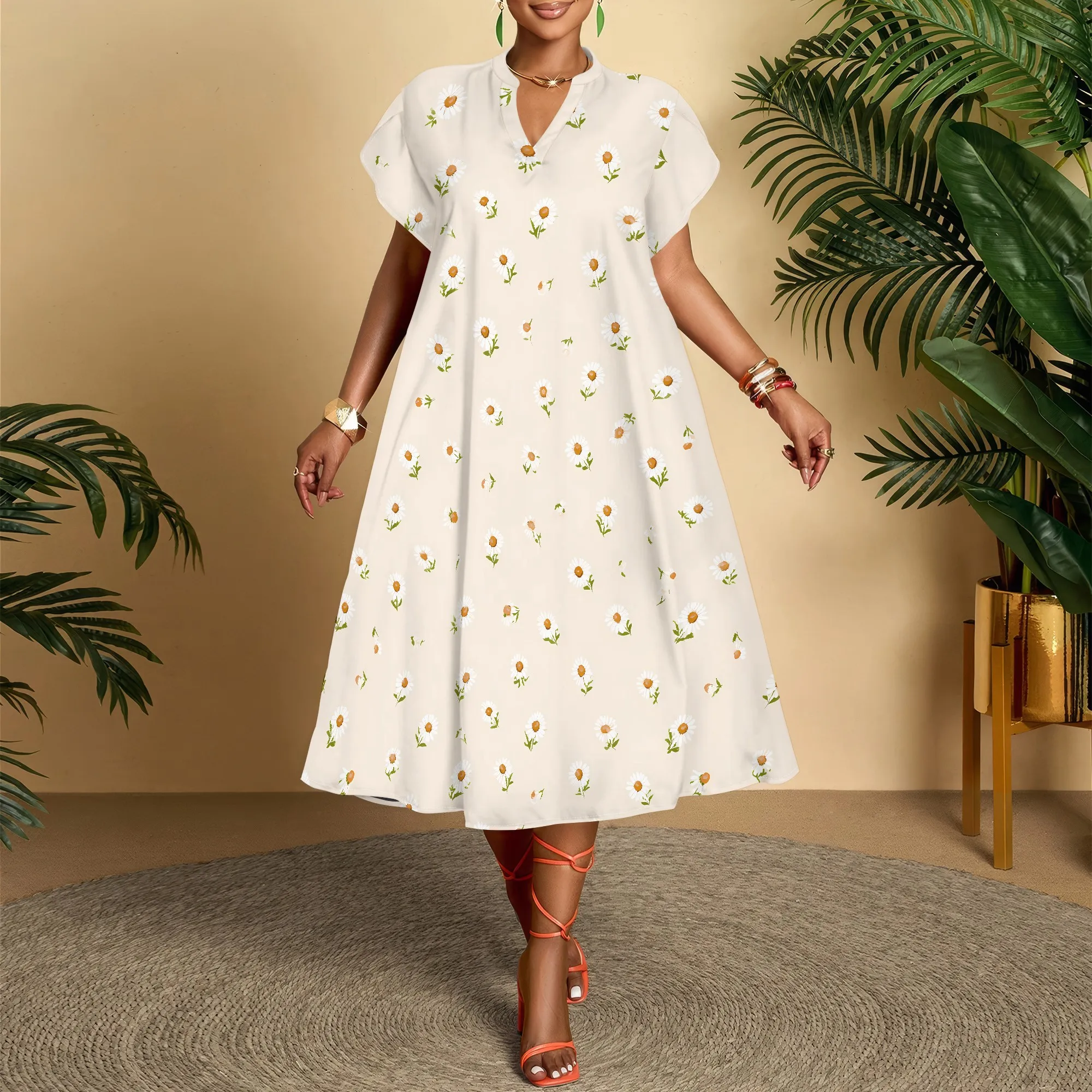 

Floral V-Neck Dress, Short Sleeve Print Dress, A-Line Casual Dress, Summer Vacation Wear, Beach Party Outfit, XS-3XL
