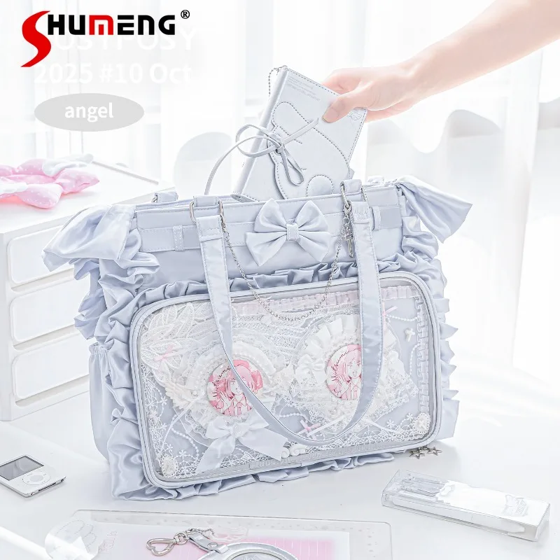 

2026 Spring New Japanese Lolita Zipper Large Capacity Flutter Sleeves Ita Bag Ribbon Y2k Shopping Bags With Free Chain For Women