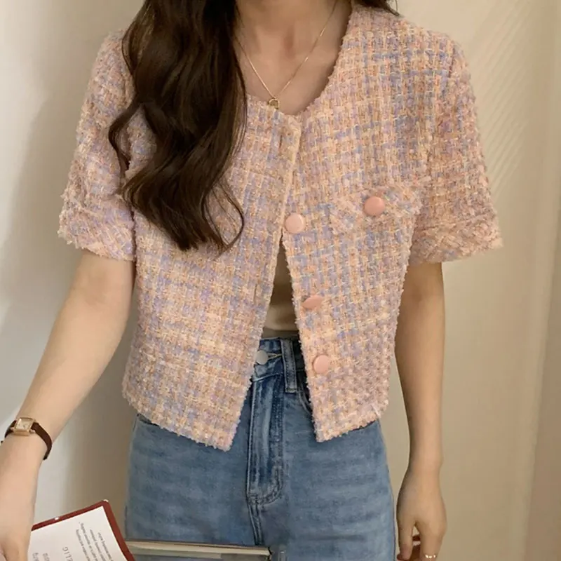 

Chic Summer Vintage round Ne Frayed Single Button ket Decorated Plaid Tweed ort Coat Women's Faion Casual Outer...