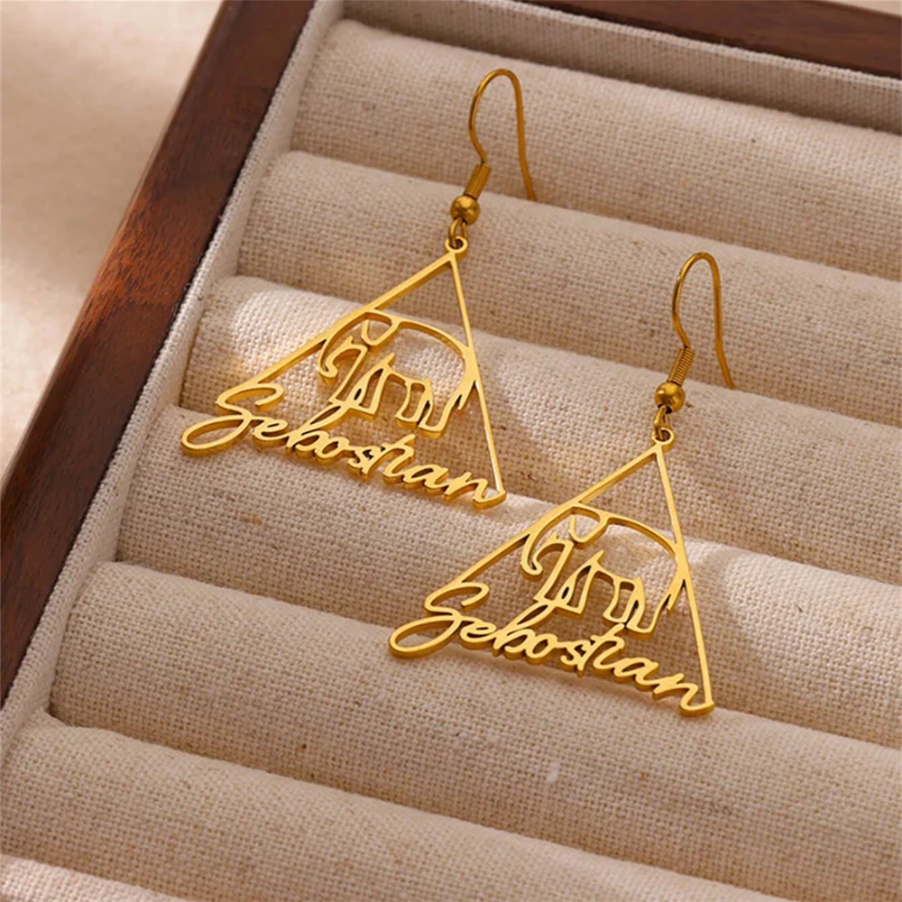 Personalized Custom Name Elephant Drop Earrings For Women Gold Plated Stainless Steel Geometric Triangle Hollow Minimalist Jewel