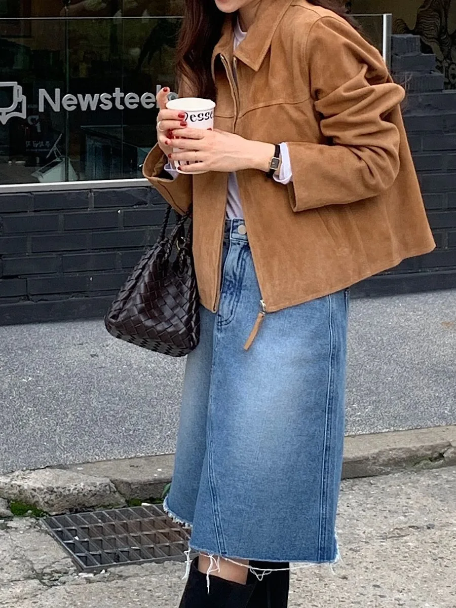 Koreanischer Chic 2026 Herbst Neuer Stil Stehkragen Kunstleder-Samt-Jacke mit Reißverschluss Coole Kurze Mantel-Oberteile für Damen – Detail 4