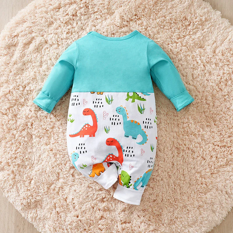 Baby\'s Fake Shoulder Strap Ha Yi Newborn Pure Cotton Jumpsuit Cartoon Dinosaur Long Sleeved Spring And Autumn Clothes