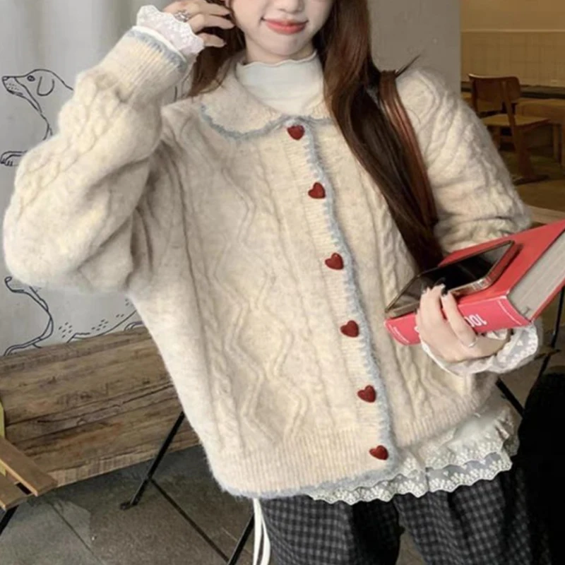 Women Cable Knit Cardigan Round Neck Heart Shape Button Long Sleeve Loose Casual Knit