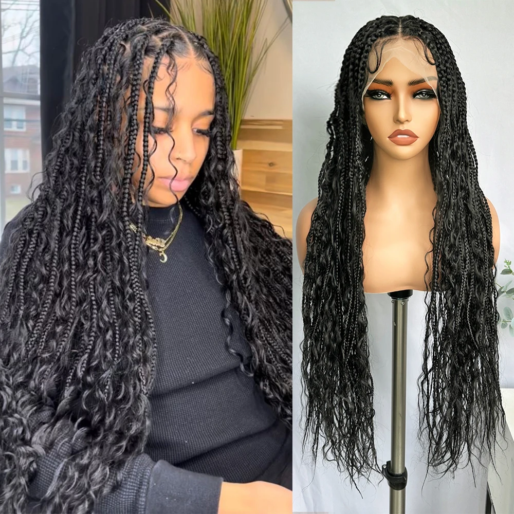 

IPARTY Full Lace Frontal Bohemian Box Braids Wigs with Boho Curls 32 Inch Hand Made Square Braided Wigs with Baby Hair for Women