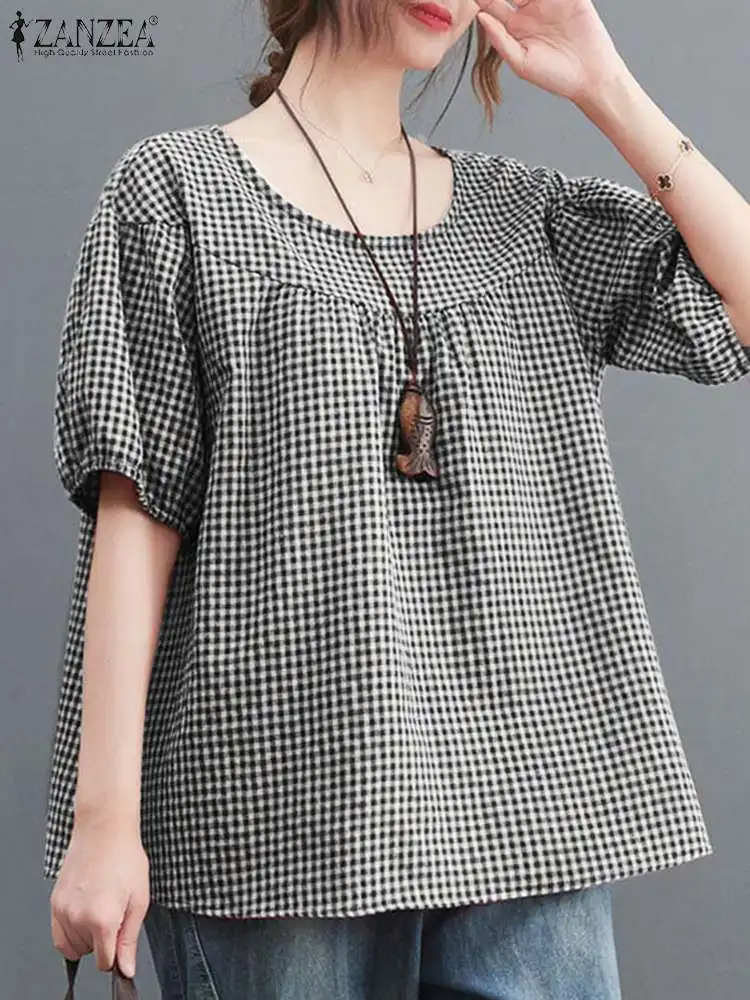 ZANZEA Summer Short Sleeve Vintage Blouse Women Casual Loose Shirt Fashion O Neck Baggy Blusas Chemise Plaid Checked Tops Tunic