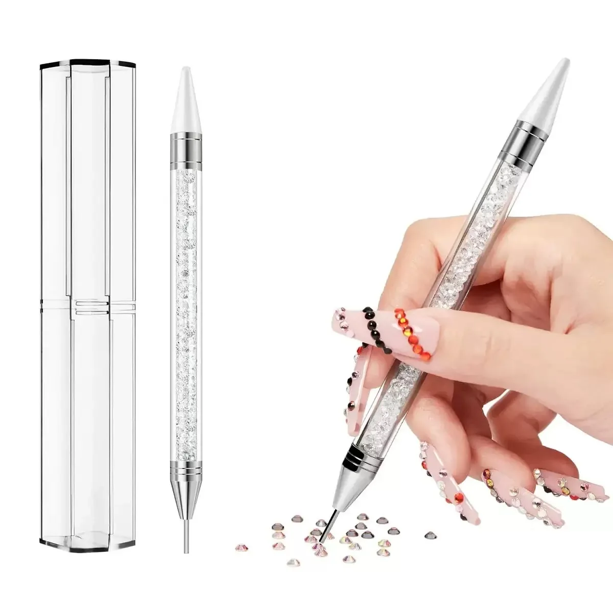 Dotting Wax Pen Dual-ended Rhinestone DIY Nail Art Decoration Tool With White Acrylic Handle for Picking Up Rhinestones Gems