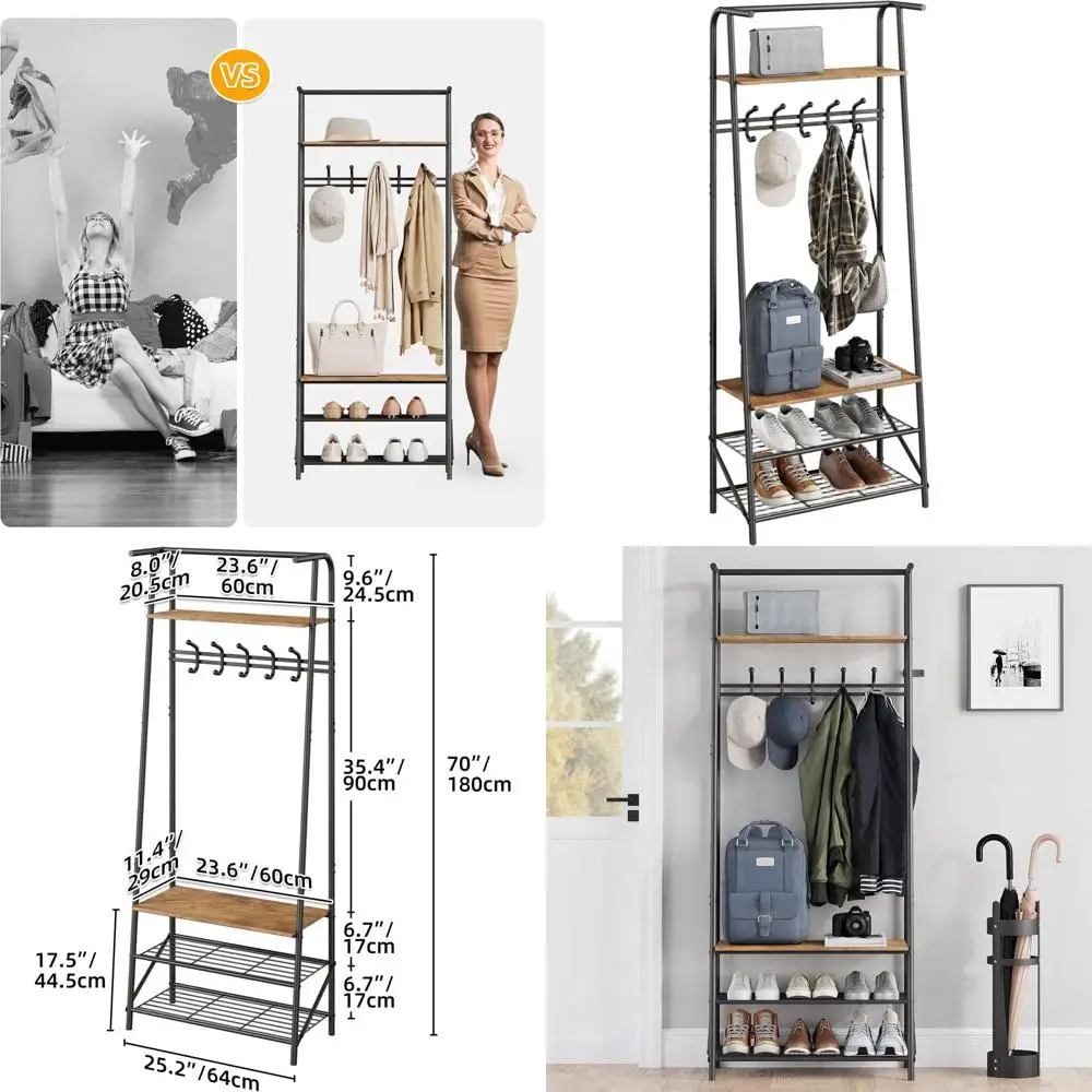 

Многофункциональная металлическая вешалка-стойка 4-в-1 с 5 крючками и 4-уровневой полкой, органайзер-скамья в деревянном стиле для прихожей и ванной комнаты