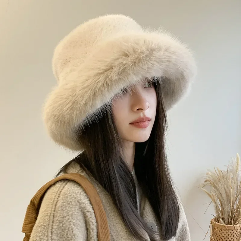 

Winter Hat for Women Faux Fur Fluffy Bucket Hat for Women Luxury Plush Hat Thicken Snow Oversized Fur Bucket Soft Panama Cap