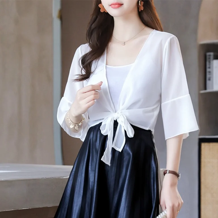 Pagoda Sleeve Chiffon Small Shawl Jacket Transparent Lace Up Chiffon Cardigan Shirt Short Sleeve Korean Style