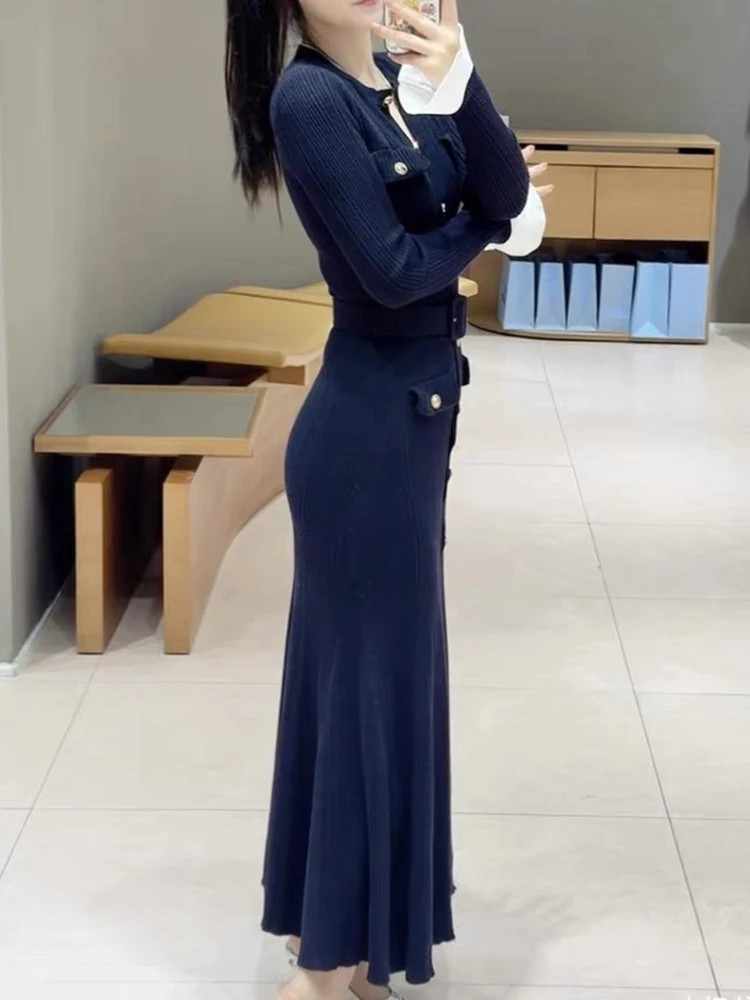 2025 Autumn new slimming and form-fitting, color-blocking round-neck single-breasted long fishtail knitted dress for women