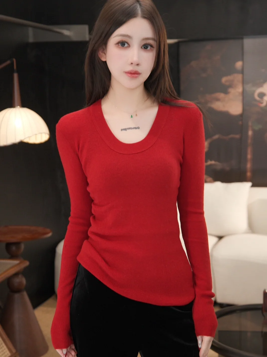 

Faionable Wool Long Sve Base irt Winter Sle Slimming round Ne Thiened Woolen Knitwear for Men And Women