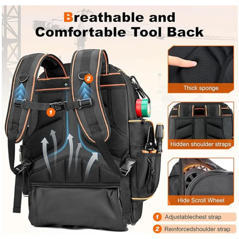 Heavy Duty Rolling Tool Backpack with Wheels, Multi - Compartment Organizer, for Electrician/Contractor