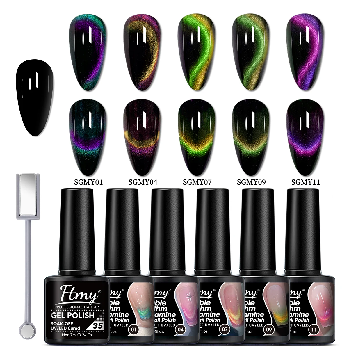 

6 Piece Gel Nail Polish Set, Double Light Reflective Disco Twinkle Cat Magnetic Gel, Sparkling Rainbow Cat Eye Nail Gel, 7ML Imm