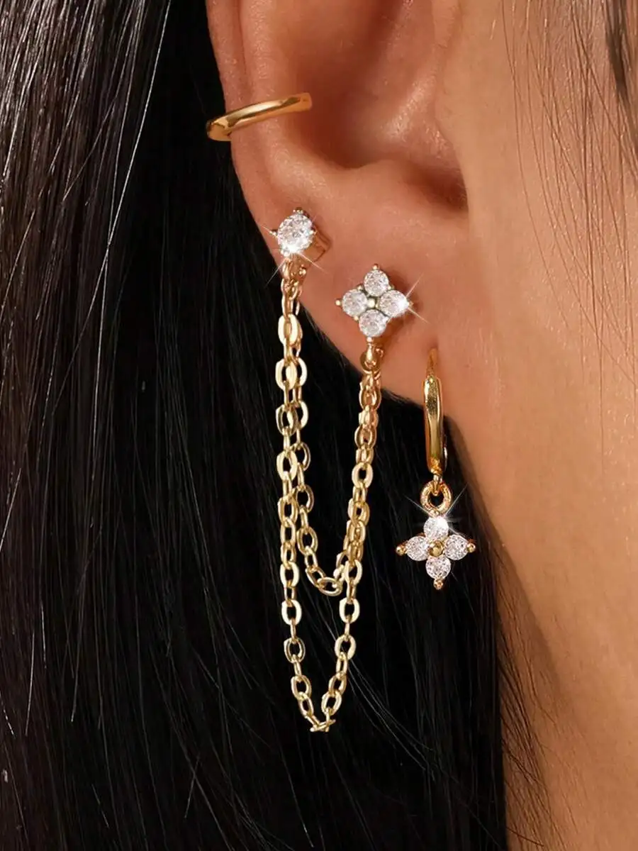 

6-Piece Set Stylish Gold-Tone Flower Leaf Chain Earrings For Women Daily Wear