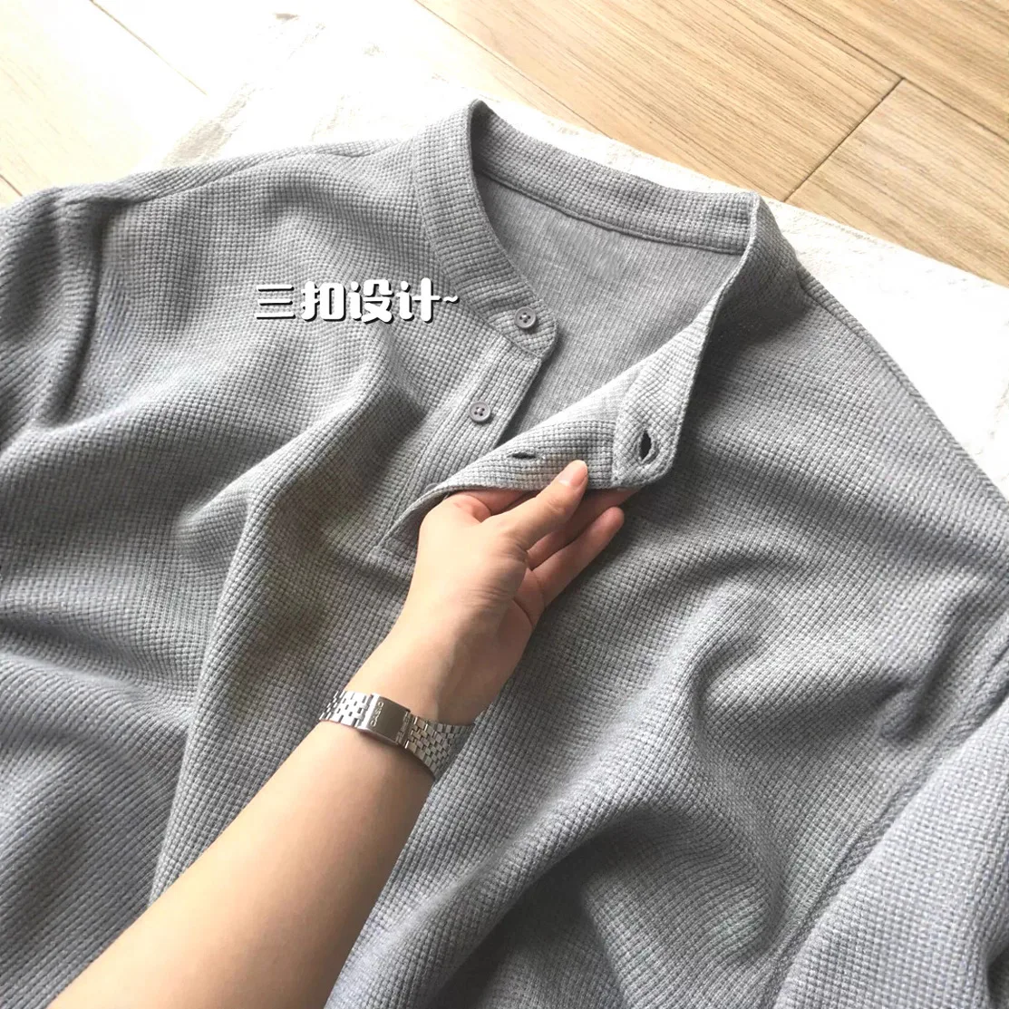 Waffle Textured Loose Long Sleeve Half-Button T-Shirt Men's Casual Top