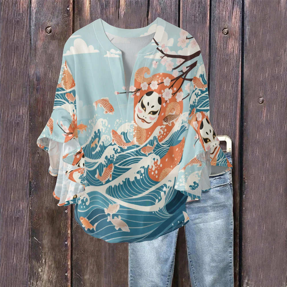 

Женская японская блузка с v-образным вырезом и принтом Ukiyo-e, рубашка с пышными рукавами из струящейся мятой ткани с рисунком кои и вишни