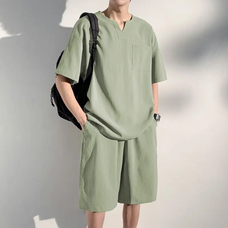 Spring Summer Fashion Short Sleeve Popularity Men's Clothing Korean Style Casual All Match Loose Rope Hombre Solid Sport Sets