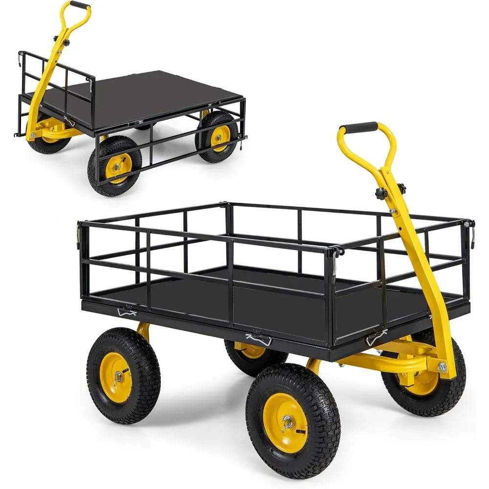 

mesh steel garden cart, 1200lbs utility wagon with 4 removable sides, 13” pneumatic wheels, adjustable handle, bungee cord, con