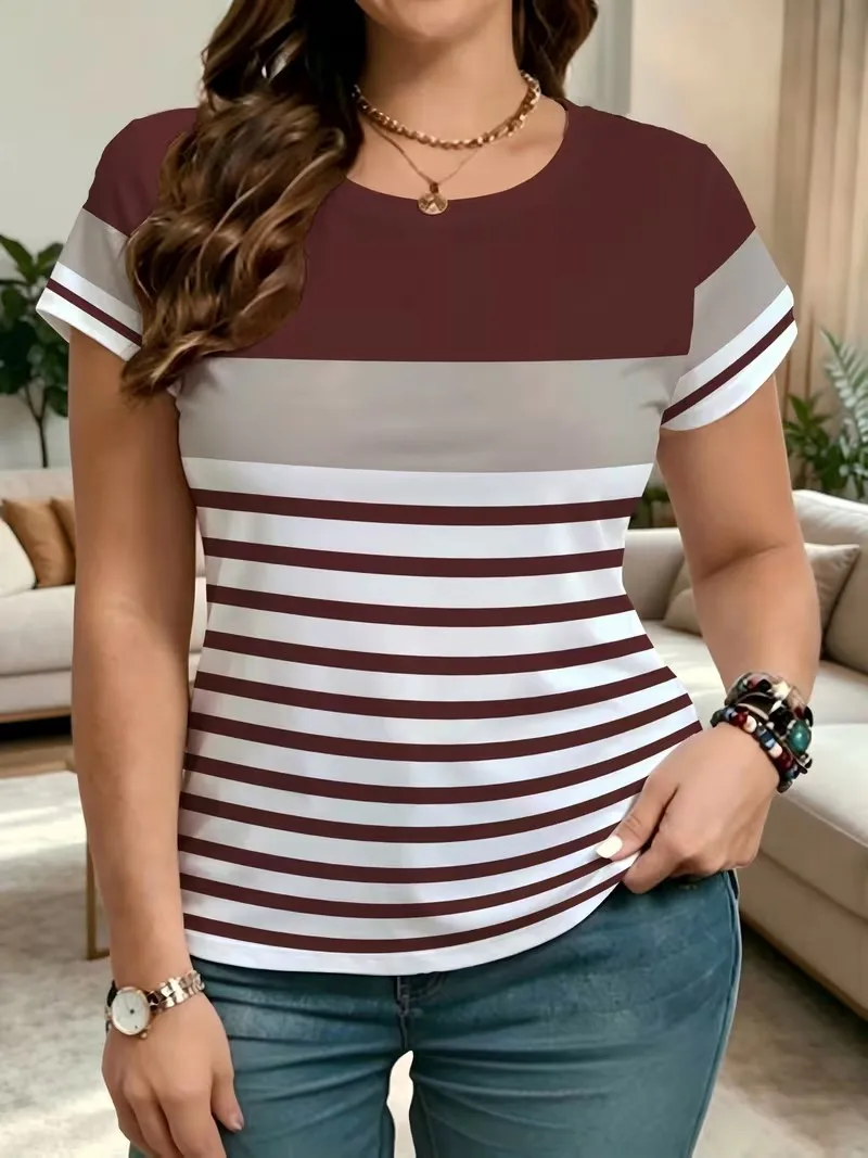 Women's Short Sleeve Round Neck Casual Top 3D Retro Striped Polka Dot Checkered Printed Top XXS-3XL Big Size Women's T-shirt Top