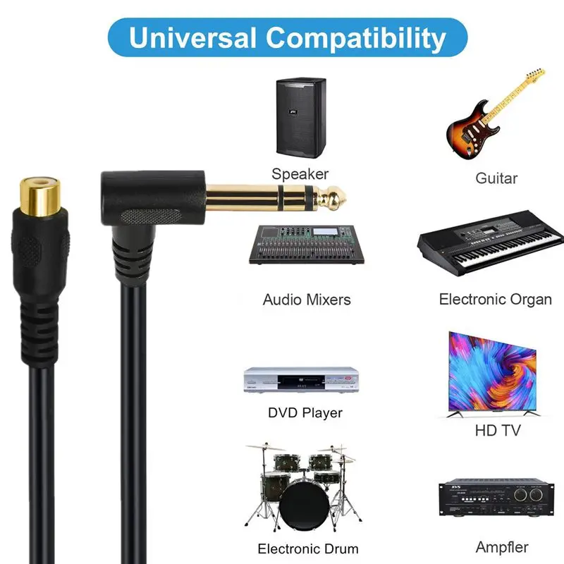 30cm Bend Copper Axis Core Gold-Plated 6.35mm Mono/Stereo Male to RCA Female Instrument Amplifier Speaker Audio Cable