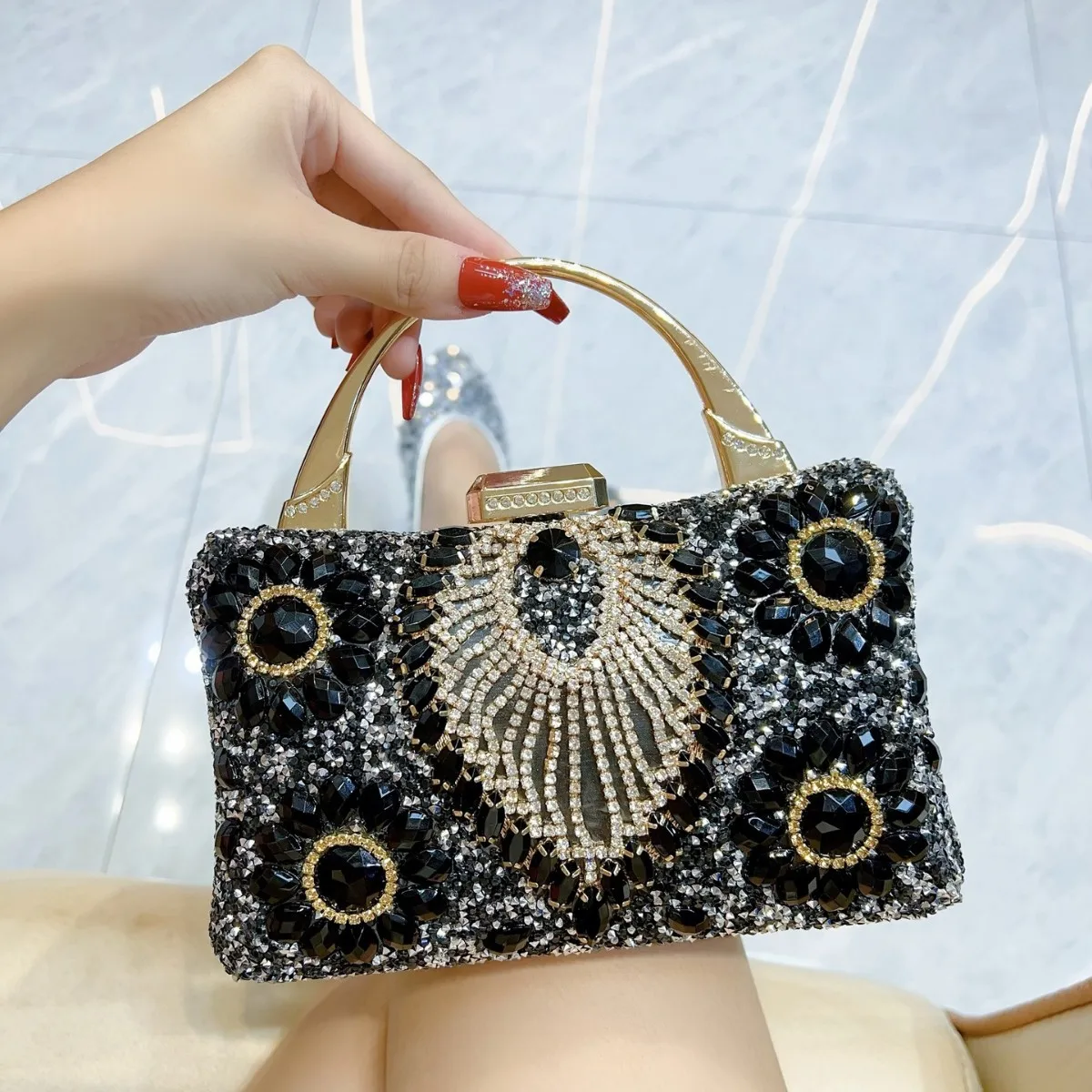 J57 Sweet Memory Evening Bag with Black Gemstone and Diamond Accents, Handbag for Women, Pearl and Crystal Party Bag