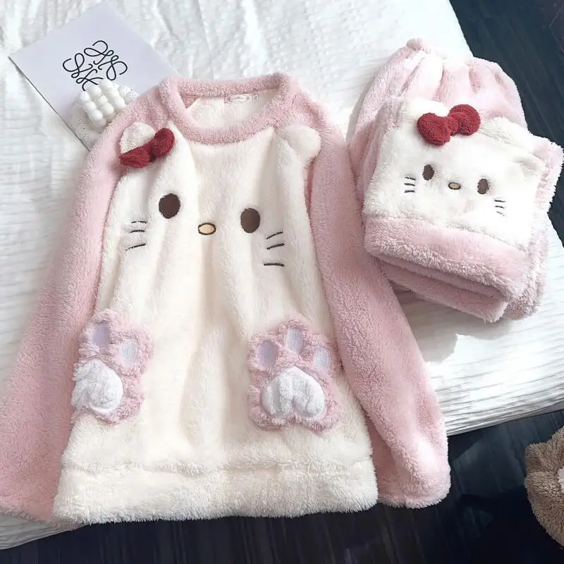 

Женский плюшевый пижамный комплект Sanrio Hello Kitty, осенне-зимний, на флисовой подкладке, утолщенный, милый, для дома, для сна