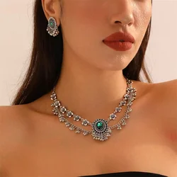 Fashion Ethnic Jewelry Sets Crystal Stone Pendant Necklace Earrings Set For Women Metal Flower Decoration Chains Necklace Set