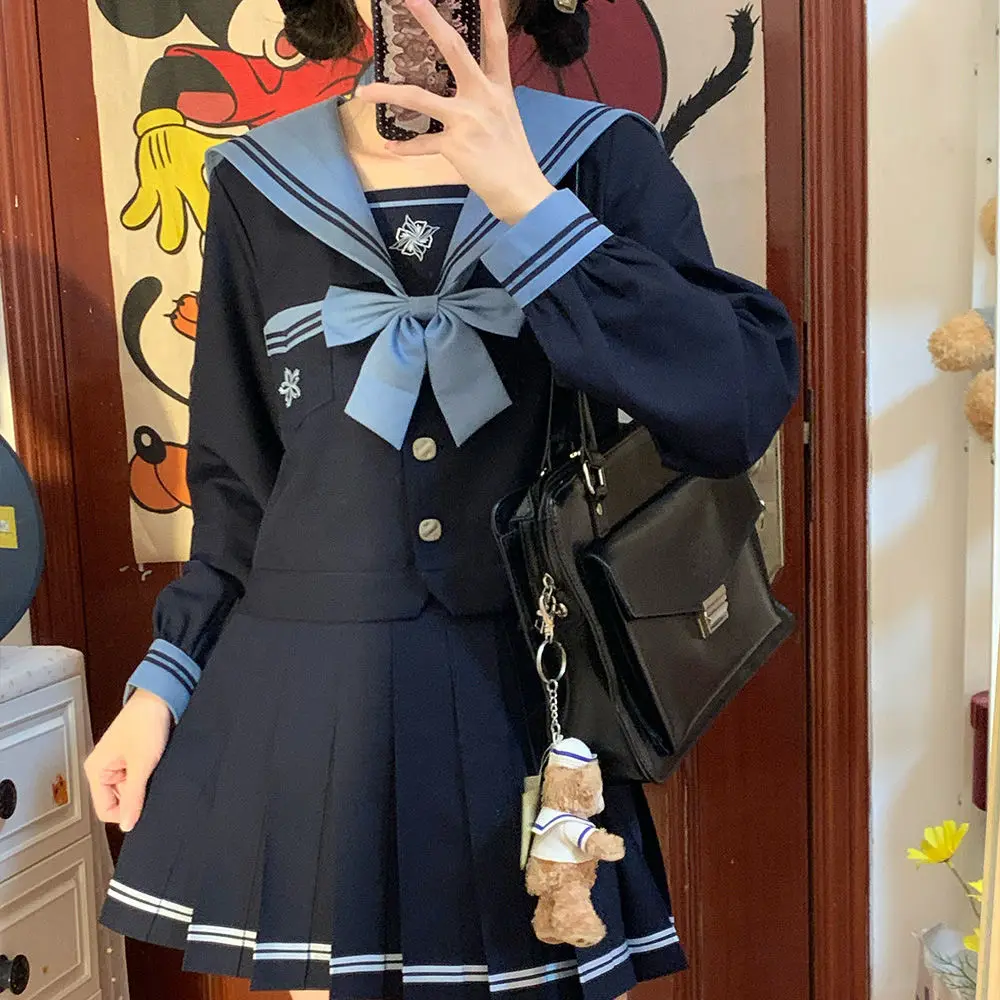 Student Union JK Uniform Sailor Suit Blue Skirt Long Sleeve Navy Collar Bow Tie Two Colors Two-piece Set Vitality Kawaii