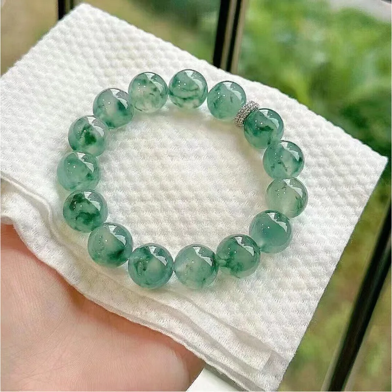 Natural Burmese Ice Jadeite Beads Blue Inclusions, Old Mine Round Bead Bracelet and Necklace with Certificate