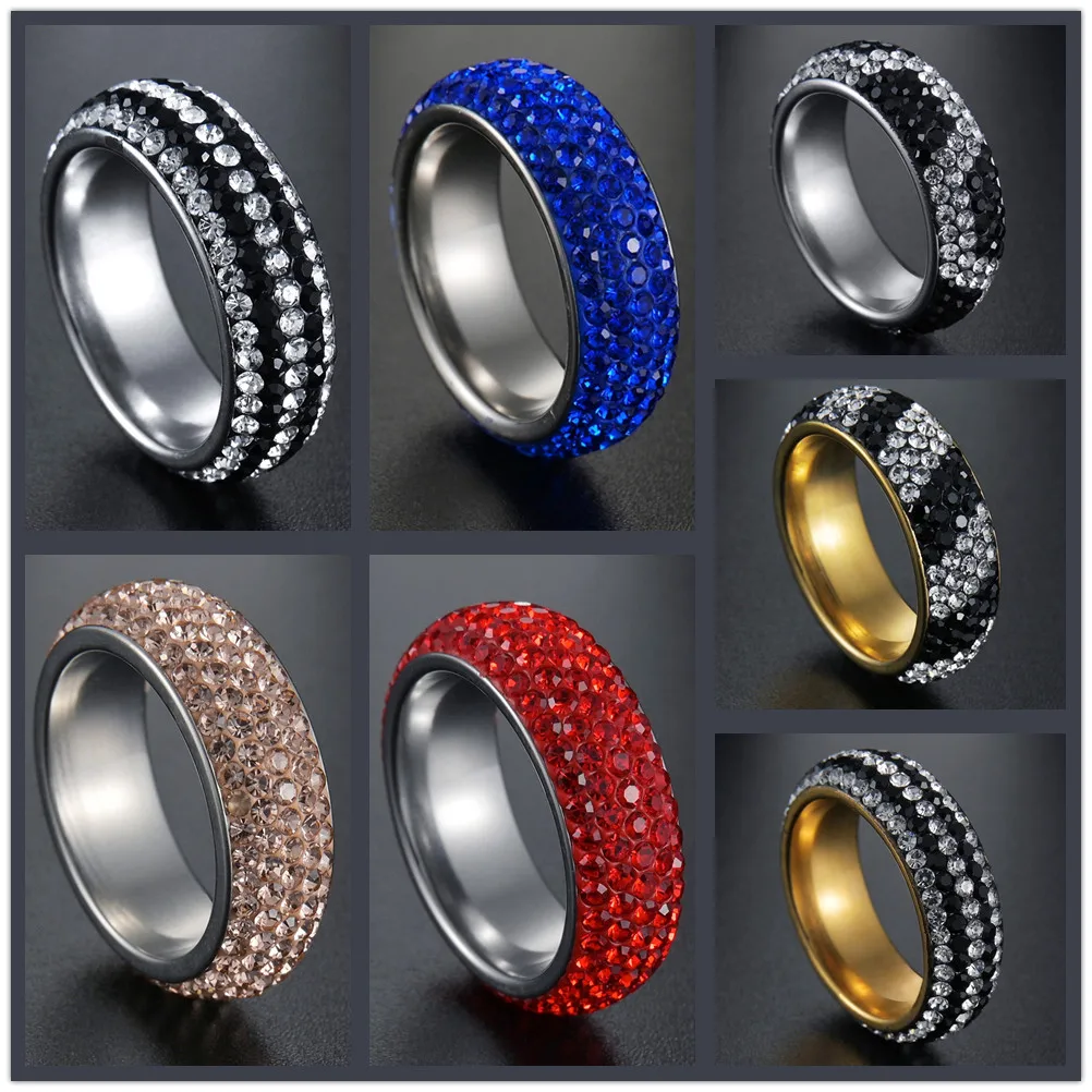 High Quality 316L Stainless Steel Rings For Women Full Size 5 Row Clear Red Blue Black Crystal Engagement Wedding Ring Jewelry