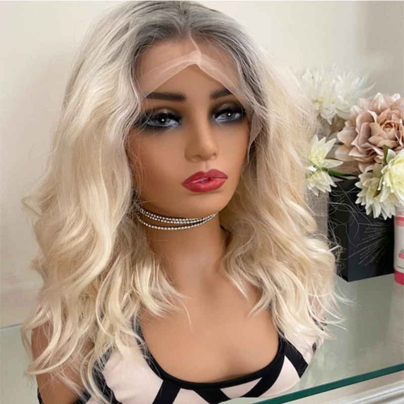 Platinum Blonde Lace Front wig With Grey Roots Thick Shoulder Wavy Synthetic Hair 16\