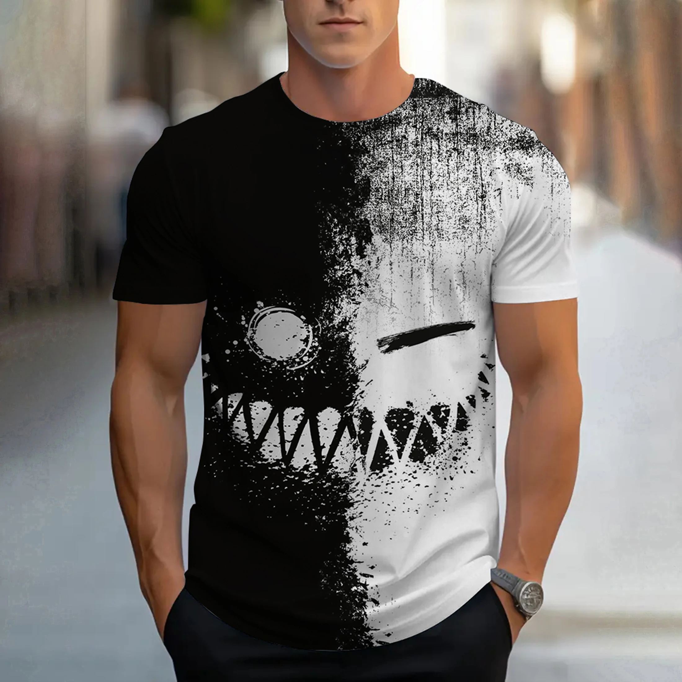 

Летняя мужская футболка с короткими рукавами и круглым вырезом с контрастным принтом смайлика, повседневная индивидуальная мужская одежда, мужские топы