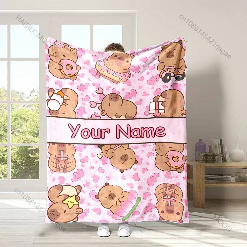 Cartoon Capybara Print Customized Name Blanket Soft and Comfortable for Home Sofa Office Outdoor Travel Camping Picnic Blanket