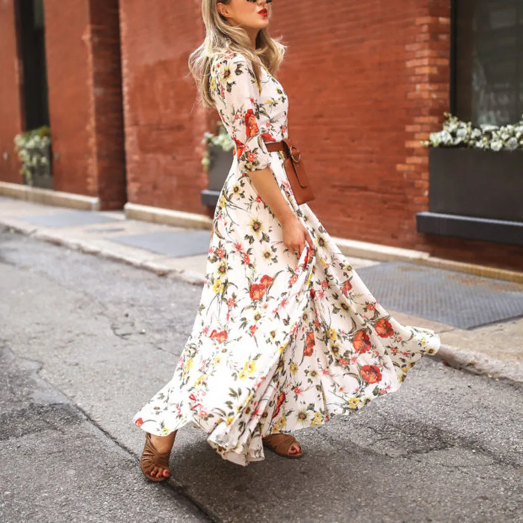 Floral-Printed Swing Sleeve Half Women Dresses Holiday Casual Maxi Boho Dresses Women'S Dress Formal Evening Vestido Para Mujer