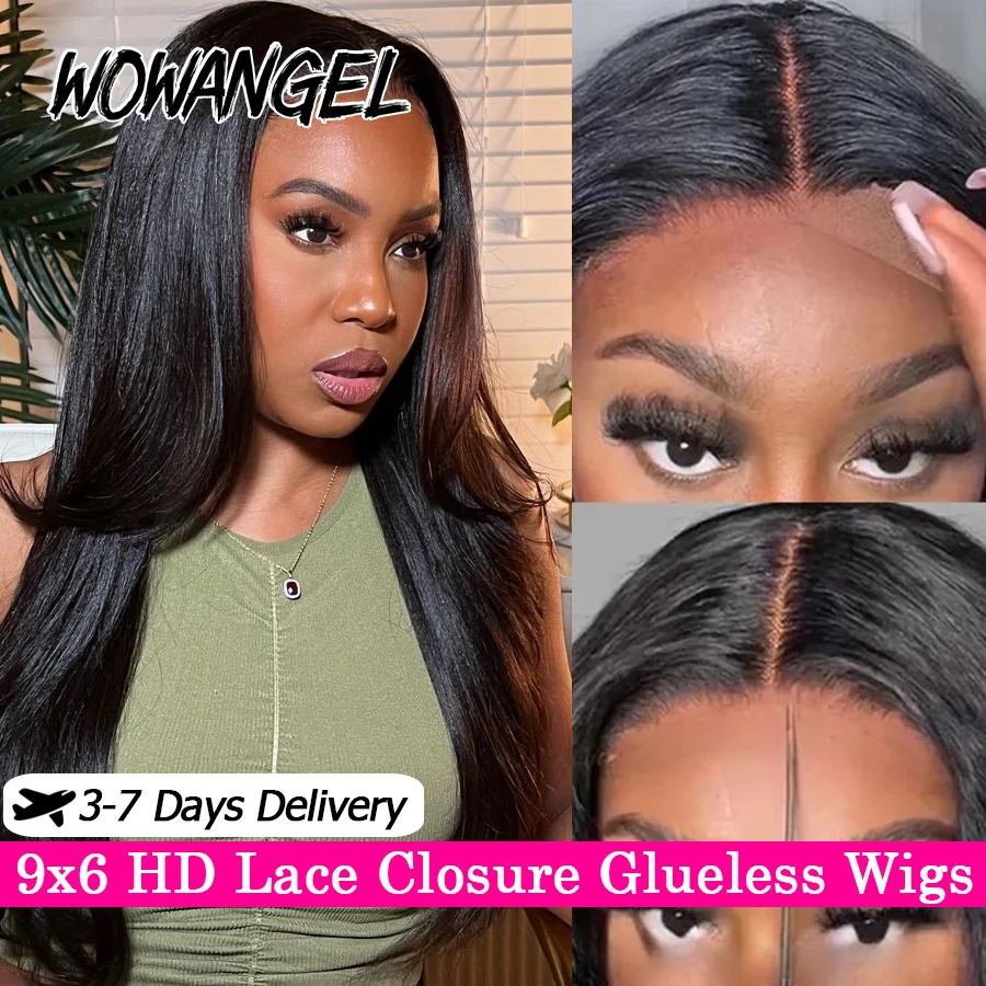 WOWANGEL 34in Yaki Straight Glueless Wig Human Hair Pre Cut 9x6 HD Lace Closure Wigs Ready To Wear Skins Melted Brazilian Hair